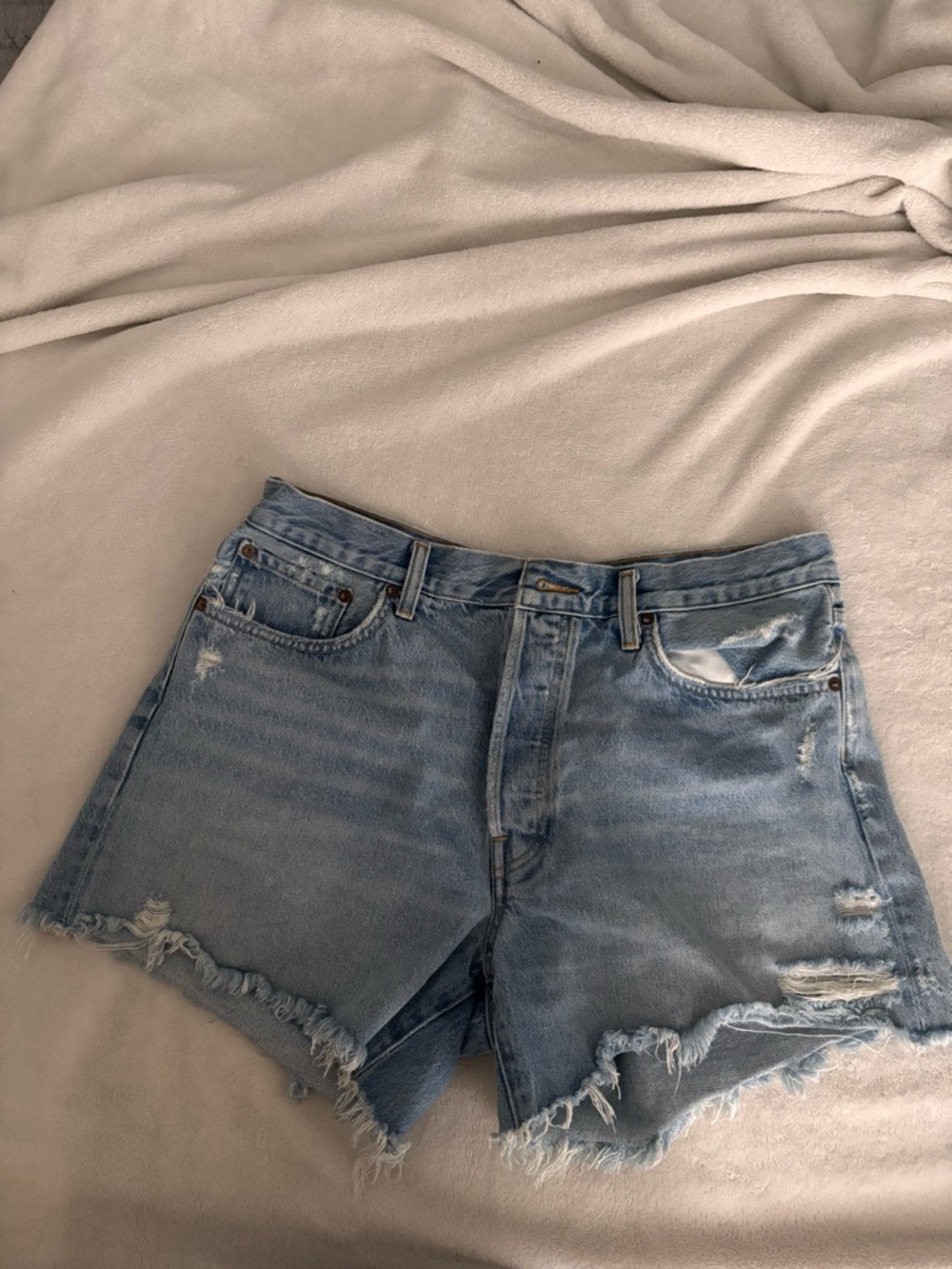 Agolde Light Blue Distressed Denim Shorts - Women
